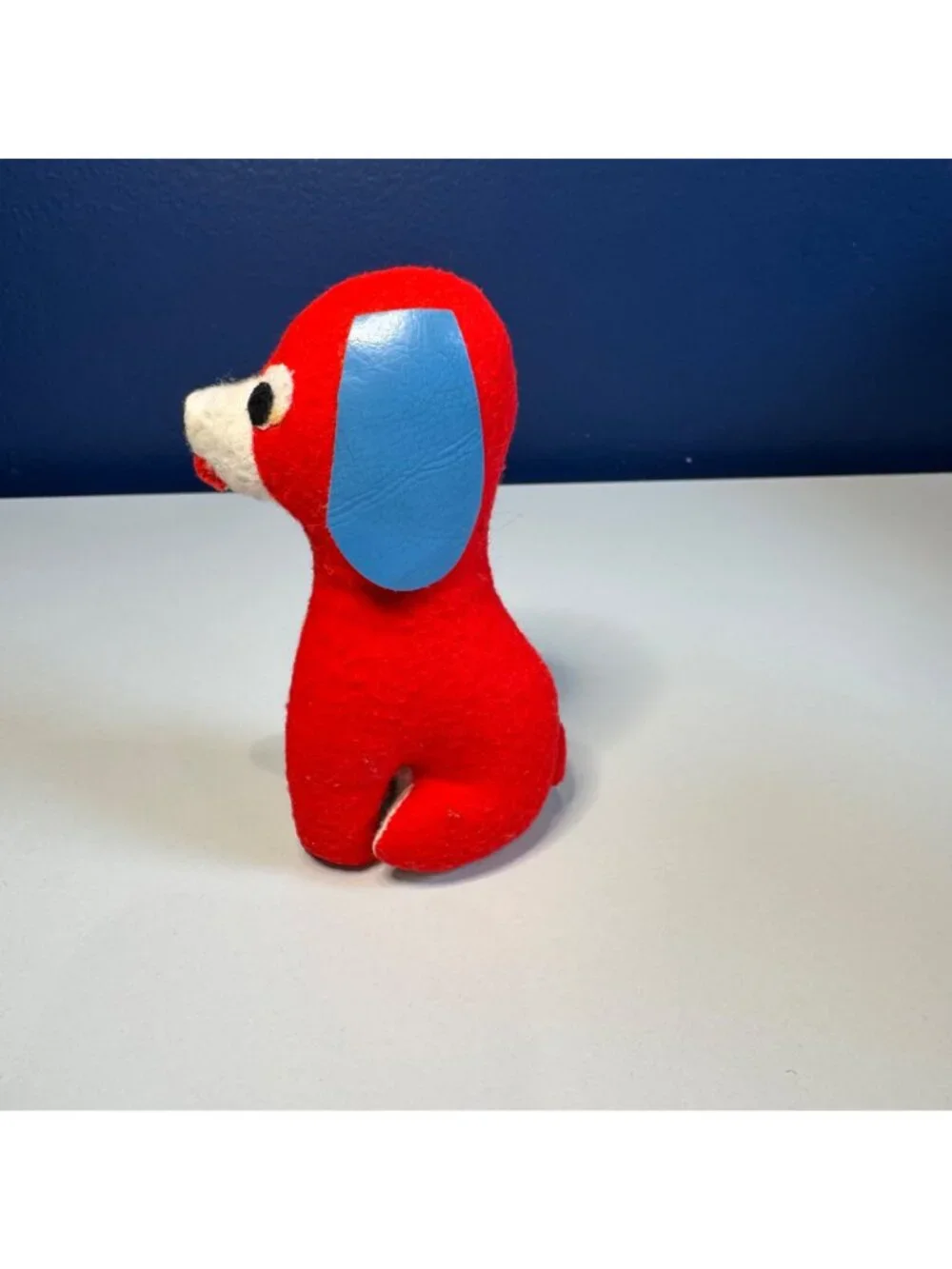 Vintage Red & Blue Felt Dog Plush Toy With Stitched Details And Blue Vinyl Ears